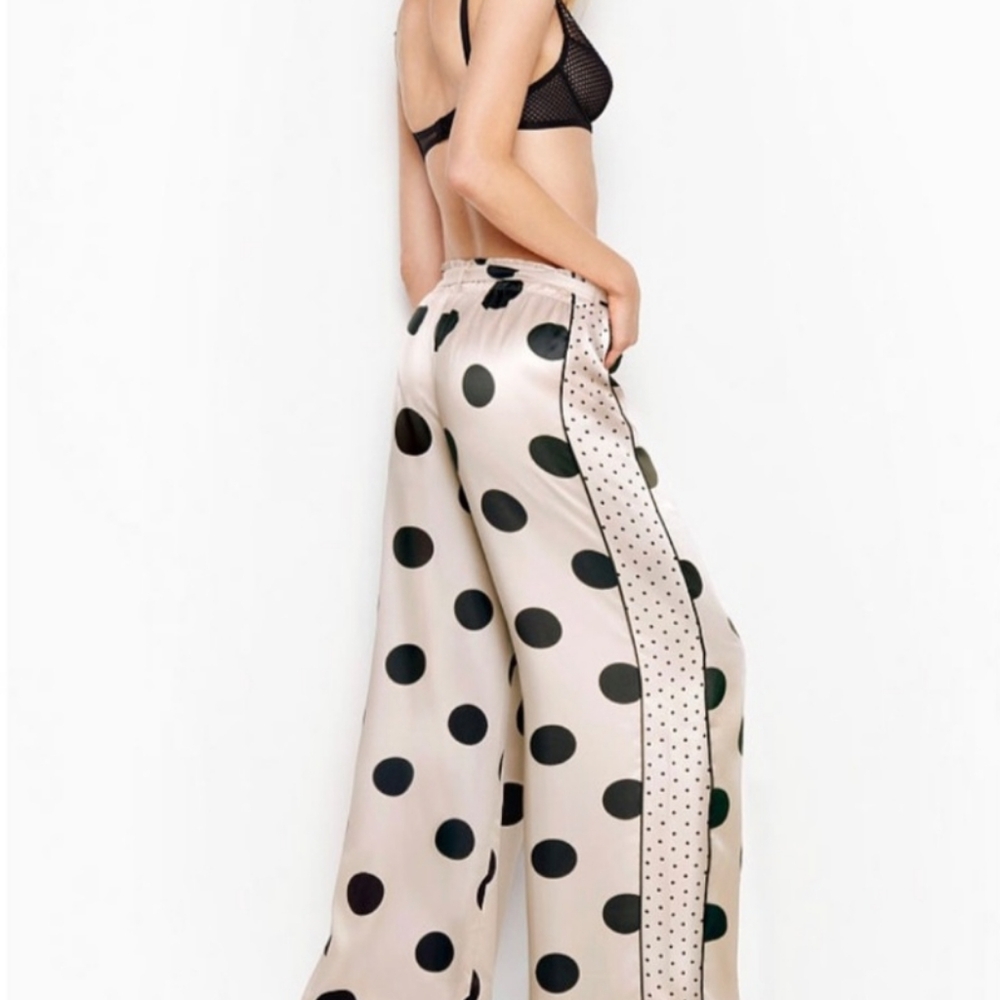 VS Wide Leg Polka Dot Casual Pants-Silvery/Taupe-Relaxed-Silky-Boho Retro XS